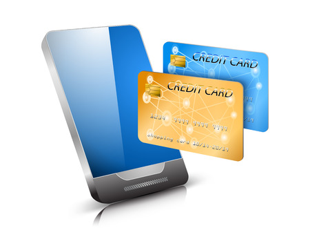 Paying on mobile on a white background Non brand smartphone with credit card new designのイラスト素材