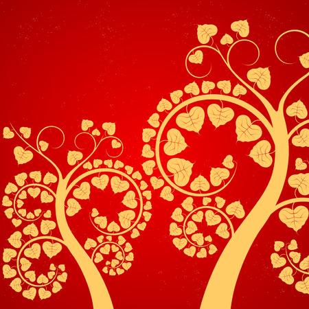 Gold leaf,Buddhist tree on a red backgroundのイラスト素材