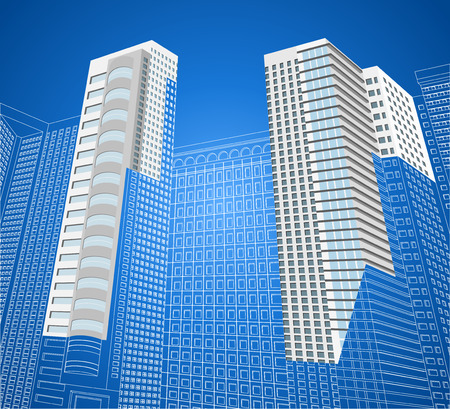 Tower wireframe,architecture detail vector on a blue backgroundのイラスト素材