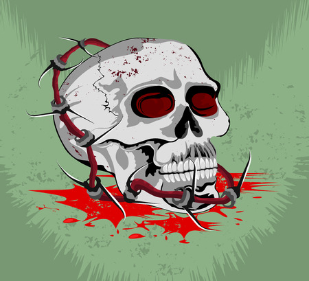 Skull with steel barbed wire design vector on a green backgroundのイラスト素材