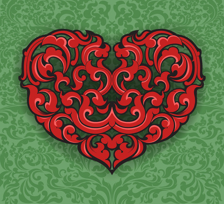 Red heart shape with art pattern on a green abstract backgroundのイラスト素材