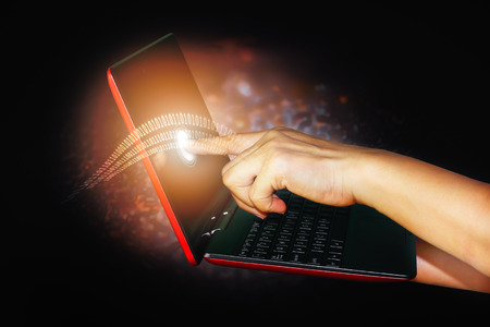 Hand touching on screen tablet pc connection technology background