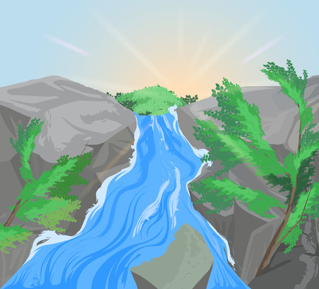 Waterfall and mountain scene vector nature landscape backgroundのイラスト素材