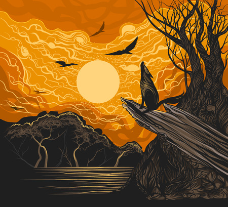 Full moon scene hand drawing vector nature landscape backgroundのイラスト素材