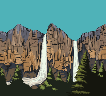 Beautiful waterfall scene vector nature landscape backgroundのイラスト素材