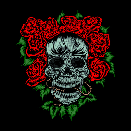 Skull with rose flowers on black vector hand drawing backgroundのイラスト素材