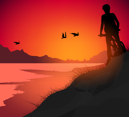 Lake scene vector silhouette people young woman cycling nature backgroundのイラスト素材