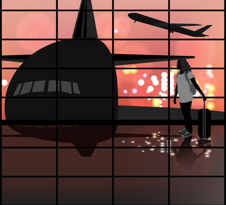 The Airport scene  silhouette young woman traveler backgroundのイラスト素材