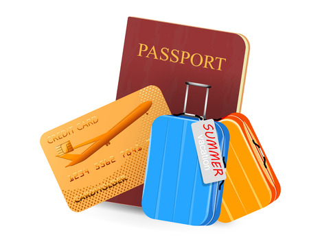 Credit card with passport book and luggage scene vector travel concepts on a white backgroundのイラスト素材
