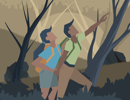 Young couple adventure vector cartoon nature landscape backgroundのイラスト素材