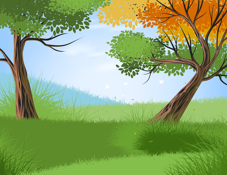 Beautiful forest and seasonal scene vector nature landscape backgroundのイラスト素材