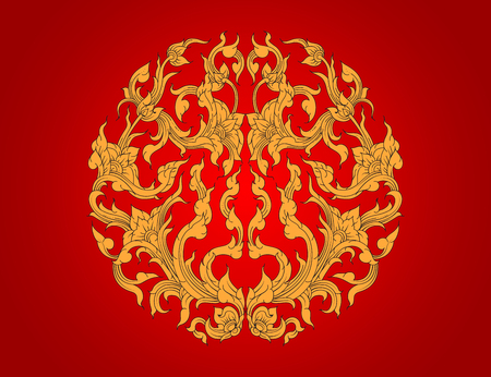 Gold flora art pattern,Thai culture vector on a red backgroundのイラスト素材