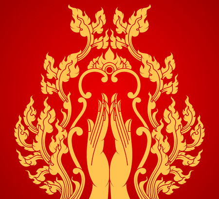 Gold hand with flora art pattern vector Thai culture on a red backgroundのイラスト素材