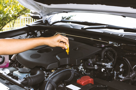 Woman hand check the oil level in the engine room before drivingの写真素材