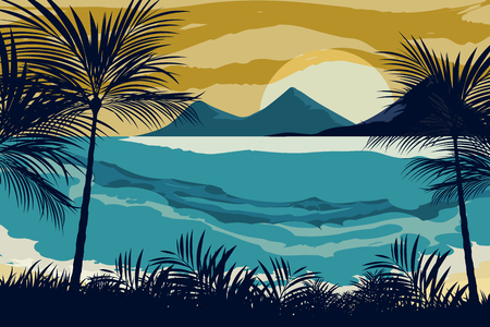 Beautiful view of the beach on evening scene vector wallpaper seascape backgroundsのイラスト素材