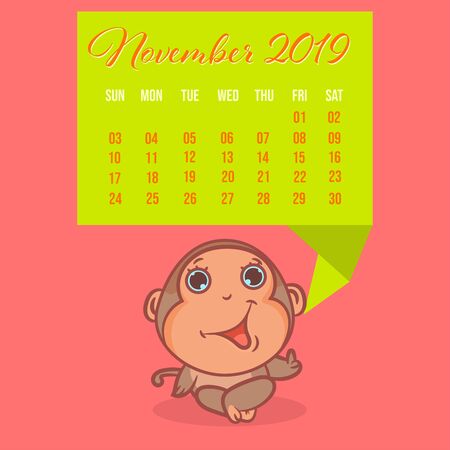 Cute monkey cartoon concepts with November 2019 calendar scene vector wallpaper backgroundsのイラスト素材
