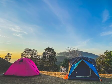 Beautiful tourist tent on hill nature landscape backgroundsの写真素材