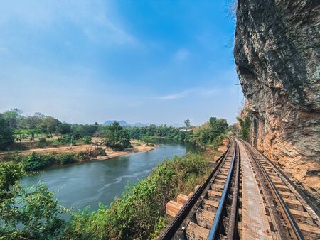 Railway and mountains and river nature landscape backgroundsの写真素材