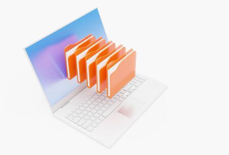Laptop with file folder transfer concept 3d render technology background
