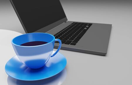 Blue cup coffee with laptop on desk 3d render wallpaper backgroundの写真素材