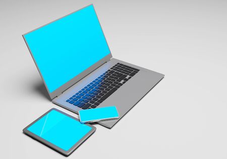 Laptop and tablet with smart phone 3d render concept technology backgroundの写真素材