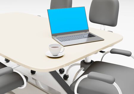 Laptop and white cup coffee on table 3d render business wallpaper backgroundの写真素材