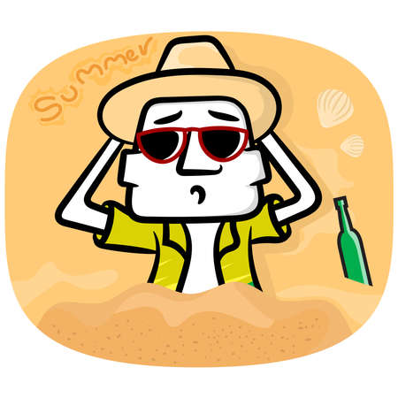 White man cartoon relaxing on the beach scene vector summer holiday backgroundのイラスト素材