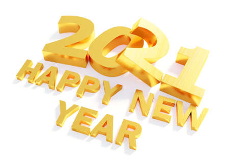 Glittering 2021 happy new year gold colors on a white 3D rendering wallpaper background