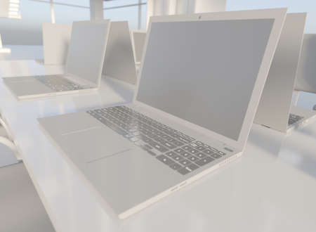 Laptop and desk in the office modern room scene 3D rendering business wallpaper background