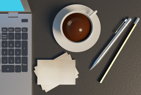 Close up black coffee with business card paper on desk 3D rendering business wallpaper backgrounds