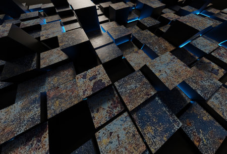 Steel rusty cubes with blue lighting effects in dark scene 3D rendering wallpaper backgroundsの写真素材