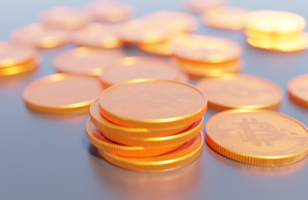 Close up gold bitcoin stacked on a gray scene 3D rendering business cryptocurrency wallpaper backgroundsの写真素材