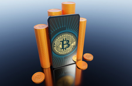 Bitcoin stacked with smartphone technology investing 3D rendering business cryptocurrency wallpaper backgroundsの写真素材