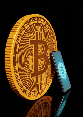 Bitcoin cryptocurrency and smartphone on a black scene 3D rendering business blockchain wallpaper backgroundsの写真素材