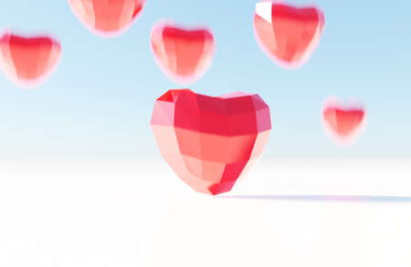 Red heart geometry shape on a white scene 3D rendering Valentine wallpaper backgroundの写真素材