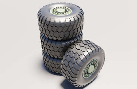Black tire off-road from truck scene 3D rendering wallpaper background