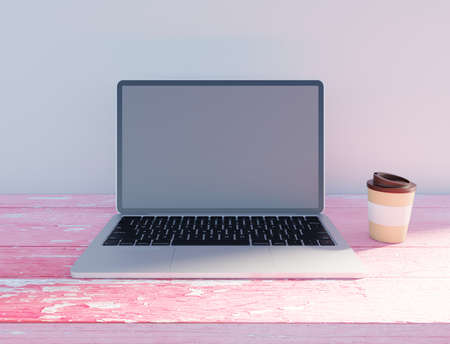 Laptop and workplace on wood table scene 3D rendering technology wallpaper backgrounds