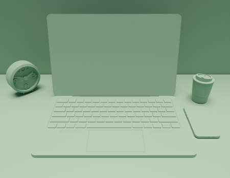 Laptop and smartphone on a green scene 3D rendering place of work wallpaper backgroundsの写真素材