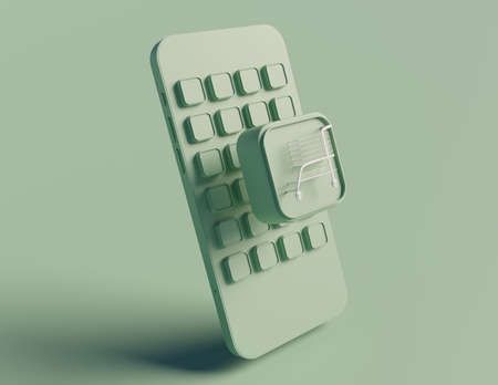 Green application and smartphone shopping concept scene 3D rendering technology wallpaper backgroundの写真素材