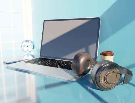 Close up modern headphone with laptop on blue desk scene 3D rendering technology wallpaper backgroundsの写真素材