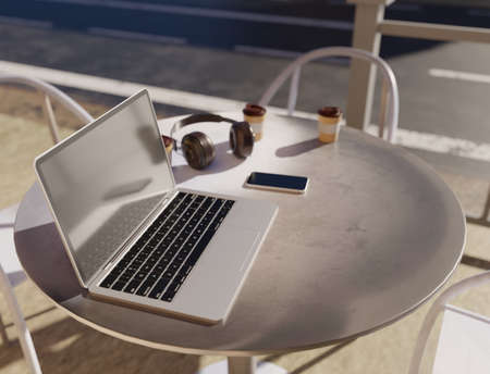 Laptop and relaxing on coffee table 3D rendering coffee shop wallpaper background