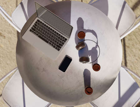 Laptop top view on coffee table scene 3D rendering exterior wallpaper backgrounds