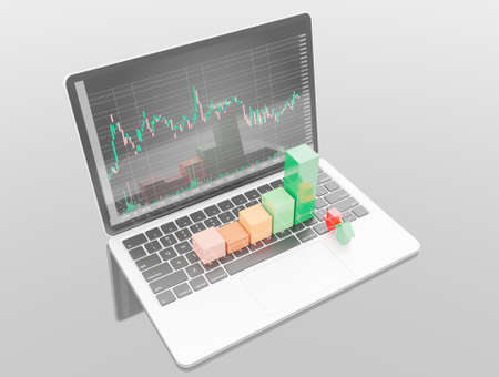 Colors bar graph on a laptop concept scene 3D rendering business and trading wallpaper backgroundsの写真素材