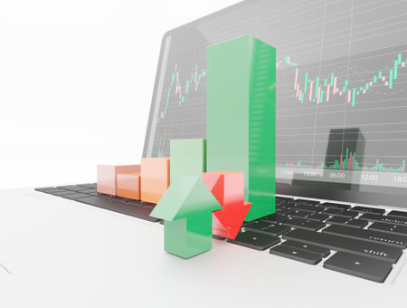 Close up glossy colors bar graph on a laptop 3D rendering business wallpaper backgrounds