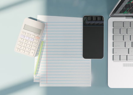 Top view note paper with smartphone and laptop on table place of work 3D rendering technology and business wallpaper backgroundsの写真素材
