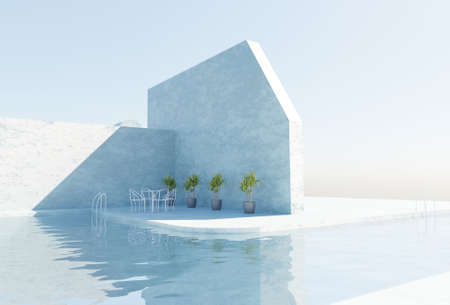 Swimming pool exterior scene 3D rendering house architecture wallpaper backgrounds