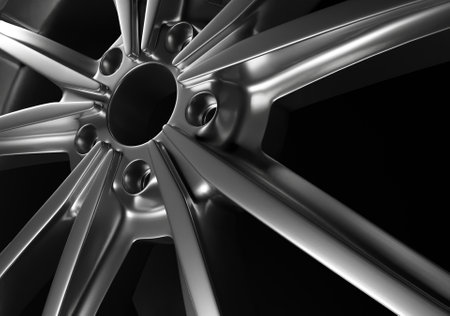 Close up silver alloy wheel on a black scene 3D rendering car accessories wallpaper backgroundsの写真素材
