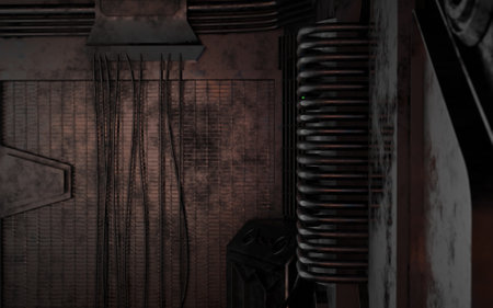 Side view laboratory metal and wall control room in dark scene 3D rendering sci-fi wallpaper...