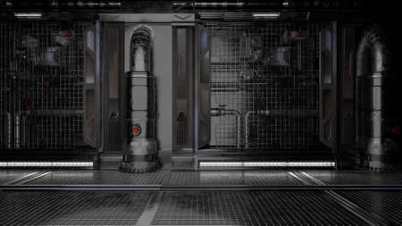 Front view architected control room laboratory in dark scene 3D rendering wallpaper backgroundの写真素材