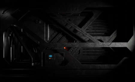 Metal steel control room panel in dark scene 3D rendering sci-fi industrial wallpaper backgroundsの写真素材